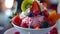 Artisanal gelato in a close up adorned with a colorful array of fresh fruit showcasing culinary artistry