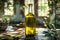Artisanal Olive Oil Bottle Amidst Olive Branches.
