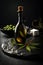 Artisanal Olive Oil Bottle on Black Stone Platter: A Flavorful Delight. Generative AI