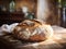 Artisanal Warmth: Fresh Loaf of Bread Basking in Natural Light on Antique Table