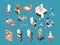 Artist accessories. People painters making picture with brushes and paint crafting vector artists isometric