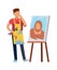 Artist character drawing picture. Drawing man with paintbrush at picture canvas, vector painter or designer job concept