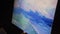 Artist copyist paint seascape with ship in ocean. Craftsman decorator draw as boat sail on blue sea with acrylic oil