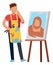 Artist drawing portrait. Man holding paintbrush and looking at canvas