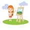 Artist female or girl painting on canvas with art icons. character design.Vector