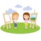 Artist female or girl painting on canvas with art icons. character design.Vector