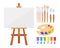 An Artist Items Set Includes Brushes, Knives, Paints, Canvas, Palette, And Easel, Serving As The Essential Tools