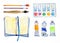 Artist materials - notepad, paintbrushes, palette and tubes. Hand drawn sketch watercolor illustration set