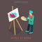 Artist painter at work easel flat 3d web isometric