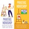 Artist painting workshop - vertical banner set with art teacher and supplies