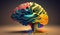 Artist\\\'s brain. AI generative illustration of stylized colored human brain covered by colorful paints on brown background