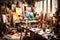 An artist\\\'s studio filled with colorful paints, brushes, and canvases, bathed in soft, diffused light