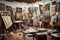 An artist\\\'s studio filled with New Year\\\'s-themed paintings, showcasing a fusion of classical and contemporary styles