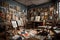 An artist\\\'s studio filled with New Year\\\'s-themed paintings, showcasing a fusion of classical and contemporary styles