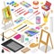 Artist tools vector watercolor with paintbrushes palette and color paints on canvas for artwork in art studio