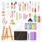 Artist tools vector watercolor with paintbrushes palette for color paints on canvas for artwork in art studio