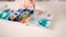 Artist watercolor painting box hand mixing colors