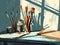 Artist workspace with paintbrushes, palette and paints. illustration Generative AI