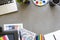 Artist workspace top view a graphic design table with laptop com