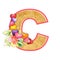 Artistic alphabet, letter C illustration with summer bouquet leaves and flowers, ane hearts, elegant and romantic font
