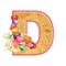 Artistic alphabet, letter D illustration with summer bouquet leaves and flowers, ane hearts, elegant and romantic font