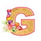 Artistic alphabet, letter G illustration with summer bouquet leaves and flowers, ane hearts, elegant and romantic font