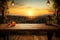 Artistic ambiance Wood panel, Tuscan balcony, and golden sunset glow