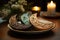 Artistic arrangement of crescent moons and delectable treats on twin plates, ramadan and eid wallpaper