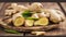 Artistic arrangement of fresh ginger on a rustic wooden table creating an inviting scene