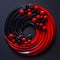 Artistic arrangement of red and black plates with matching spheres