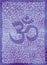 Artistic background. Symbol aum / ohm. Pseudo text - hieroglyphs - on a light violet substrate