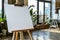 Artistic blank canvas on easel in modern space