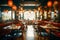 An artistic blur transforms a vintage cafe restaurant interior into a backdrop