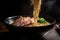 Artistic capture of a mouth-watering shoyu ramen bowl filled with flavorful broth, thin noodles, and tender slices of chashu pork