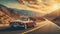 An artistic capture of a vintage car cruising on a scenic highway, with a focus on its classic lines and the nostalgia it evokes