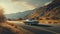 An artistic capture of a vintage car cruising on a scenic highway, with a focus on its classic lines and the nostalgia it evokes