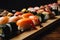 Artistic close-up of colorful sushi rolls with perfectly cooked rice and fresh seafood toppings
