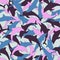 Artistic colorful dolphins in jumping action with 3 colors pink blue and dark purple seamless pattern