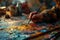 Artistic creation closeup glimpse of an artist\\\'s hand at work, brush delicately touching the textured canvas
