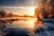 Artistic and creative illustration of a winter scene at sunrise sunset on a lake with frost on the trees. Generative AI.