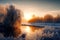 Artistic and creative illustration of a winter scene at sunrise sunset on a lake with frost on the trees. Generative AI.
