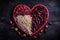 Artistic and creative macro shot of red beans and rice arranged in a heart shape on a black plate