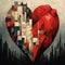 Artistic cubist heart intertwined with urban skyline elements. AI generation