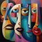 Artistic cubist painting capturing the convergence of abstract faces. AI generation
