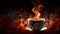 Artistic decor brown firey coffee cup with fantasy fire flame steaming on an abstract mystery fire art backdrop. AI generated.