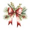 An artistic depiction of a Christmas bow tied among pine boughs and dotted with red berries