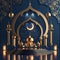 Artistic depiction of an ornate mosque with a golden arch framing a crescent moon and stars.