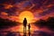 Artistic depiction of a woman and child standing together, admiring the beauty of a vibrant sunset, A mesmerizing