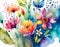 Artistic depictions of flowers in a variety of colors, painted in watercolor