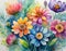 Artistic depictions of flowers in a variety of colors, painted in watercolor